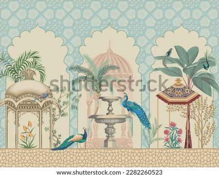 Mughal decorative pattern with palm tree, plant, bird, peacock illustration for wallpaper