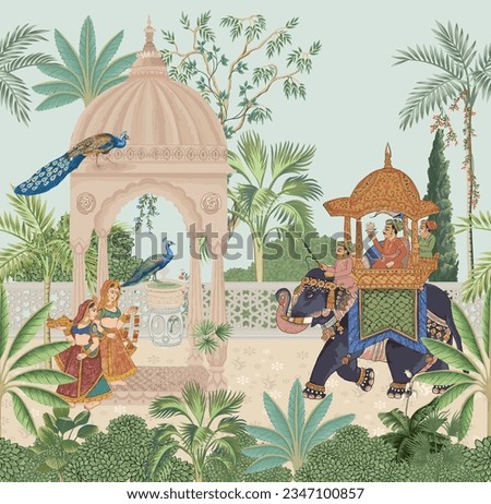 Indian Mughal king riding elephant in a garden with queen, woman, peacock, tree illustration for wall art