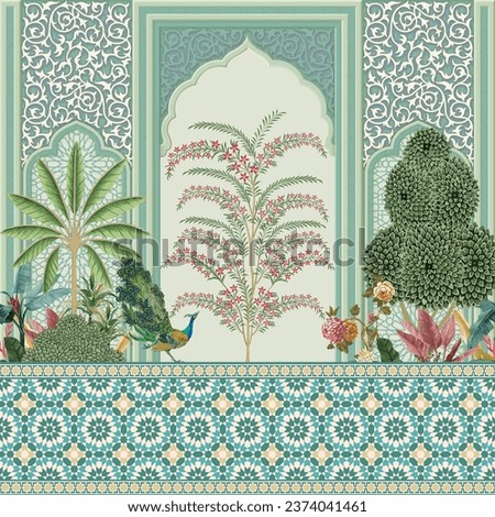 Moroccan decorative with peacock, dates tree, plant illustration for wallpaper 