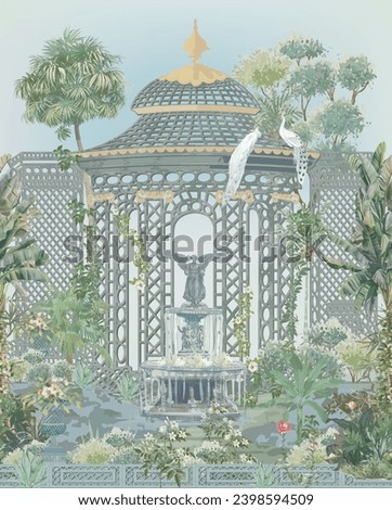Garden with Central Park Bethesda fountain, New York vector illustration in white background. Mughal art invitation illustration