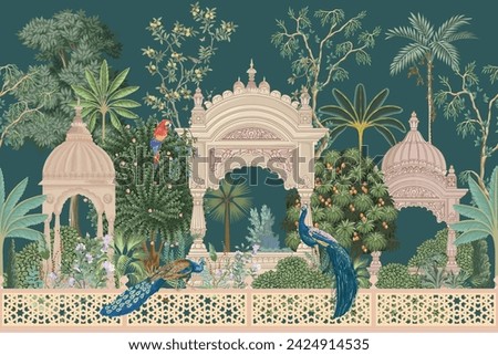 Mughal forest garden with peacock, parrot, plant and botanical tree landscape illustration pattern