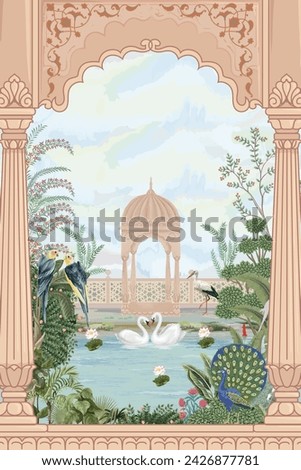 Mughal garden with lake, arch, peacock, swan, parrot, palace and temple landscape illustration