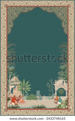 Mughal garden, traditional music players, peacock, green forest with arabesque frame for wedding invitation