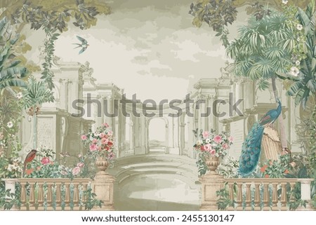 Vintage classical Roman ruins with garden, peacock, bird, botanical tree and flower for wallpaper