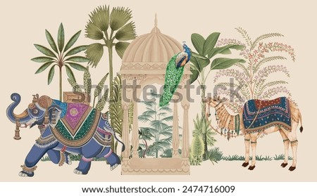 Traditional Mughal Elephant, camel caravan illustration for wallpaper