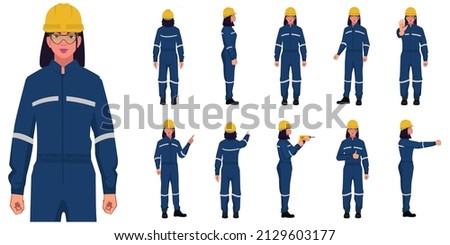 set of industrial factory women worker different posses flat style illustration isolated on white background
