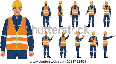 set of industrial worker on blue uniform characters in white background