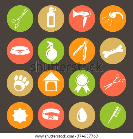 Vector set of characters in a flat style.  The main tools which are used in the beauty salon for animals. Dog grooming icons set.