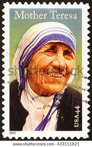 Milan, Italy - January 08, 2014: Mother Teresa on american postage stamp