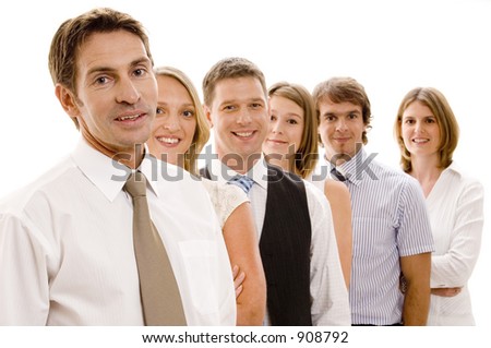 A confident business team of six men and women