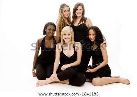 Five beautiful young women in black on white background