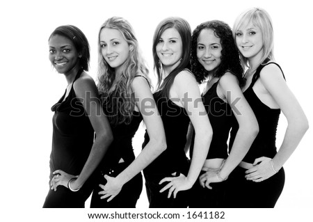 Five beautiful young women in black on white