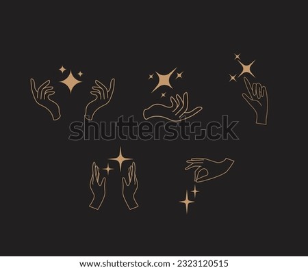 A set of hand logos in a mystical magic style. Vector logo design Templates with different hand gestures and stars For cosmetics, beauty, tattoo, Spa, manicure, jewelry store