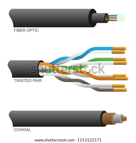 Fiber Optic Coaxial and Twisted Pair Network Cables Vector Illustration