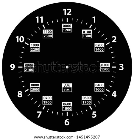 24 Hour Military Time and Standard Time Combo Clock, Black, Template Isolated Vector Illustration
