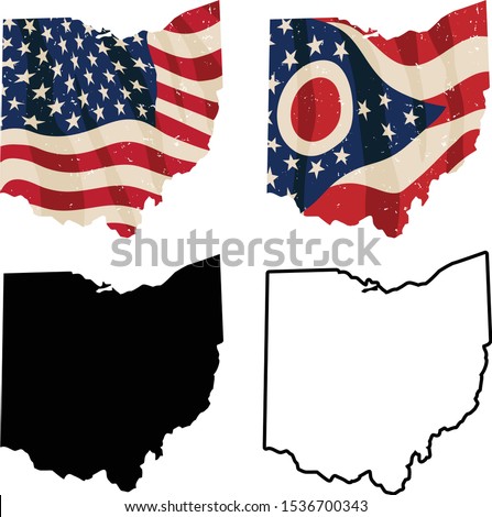Ohio with USA flag, Ohio flag, black silhouette and black outline isolated vector illustration