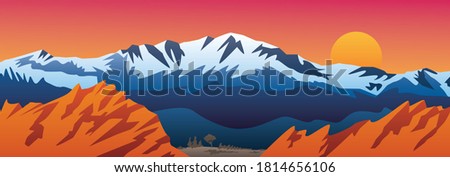 Mountains Valley and Red Rocks Scenic Landscape Vector Illustration