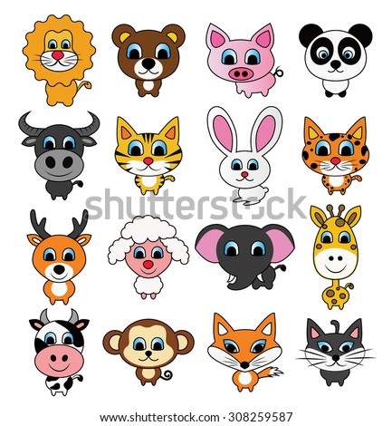 cute animal set, vector, illustration, baby animal cartoons, pig, giraffe, tiger, lion, cat, 
rabbit,  cows, buffalo, monkeys, bears, panda, wolves, Elephants, leopards, deer, sheep