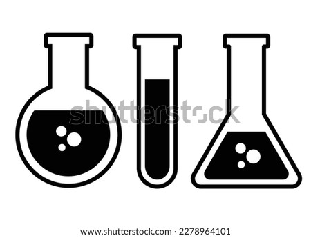 Chemistry biaker with Erlenmeyer flask and test tube holding chemicals flat vector icon for science apps and websites