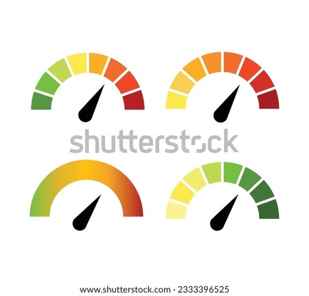 Speedometer, gauge icon. Vector scale, performance level. Fast step indicator. Green and red, low and high barometer, dashboard with arrows. Risk infographics, gauges, progress score.
