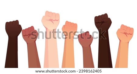 People's hands raised with clenched fists, Hand fist, isolated on a white background. Symbol of love, diversity. Human rights, feminism, equality and women's day concept. Black lives matter movement.