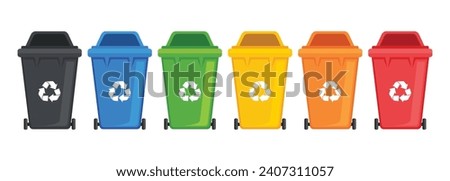 Many garbage cans with sorted garbage. Sorting garbage. Ecology  and recycle. Trash cans. Green, yellow, orange, red, blue and black recycle bins with recycle symbol isolated on white background.