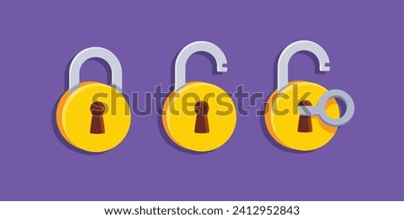 Set of Lock flat icon. The padlock unlocked and locked with the key. Lock closed and lock open. Symbol protection and secure. Vector illustration isolated on a white background.