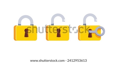 Set of Lock flat icon. The padlock unlocked and locked with the key. Lock closed and lock open. Symbol protection and secure. Vector illustration isolated on a white background.