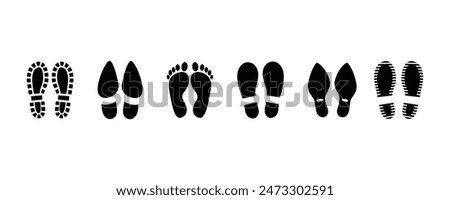 Different human footprints. Imprint soles shoe silhouette. adults steps Flat style collection. Human footprints icon set.