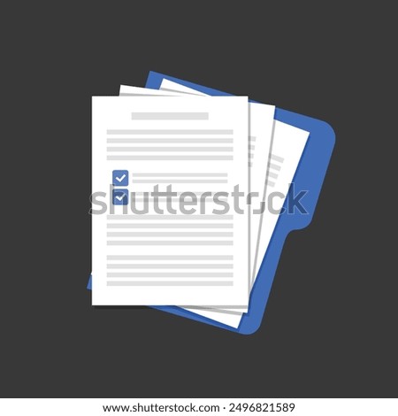 Document. Contract papers. Paper documents. Folder with stamp and text. Stack of agreements document with signature and approval stamp. Concept of paperwork, business documents. Folder, stack papers