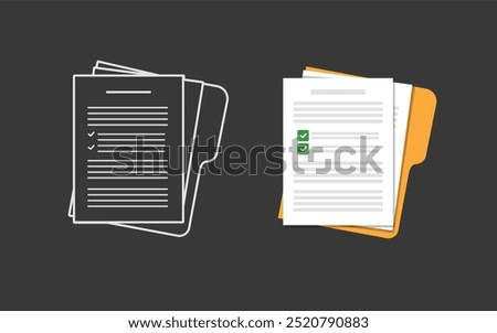 Document Icon Paper documents. Folder with stamp and text. Stack of agreements document Concept of paperwork, business documents. Folder, stack papers