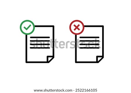 Document icon. Paper icon. Check mark. cross signs. Checkmark OK and X icons. Symbols YES and NO. Reject file. Accept document. Unaccepted document. File fixes. Tasks. Options. Worksheet. Task done.