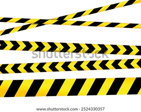 Set of caution tapes with black and yellow diagonal slashes or chevron print. Warning borders in construction work zone or crime scene. Danger, attention or forbidden signs. Vector flat illustration.