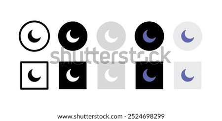 Night mode button icon set. Dark theme vector illustration. Crescent moon symbol. Night mode control element for web and app interface in flat design. Mobile phone screen dark theme isolated concept.