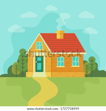 Stylish house against the sky and other elements of the environment.Mansion vector illustration. House exterior front view in trendy flat style. Townhouse building. Home faсade with door and windows.