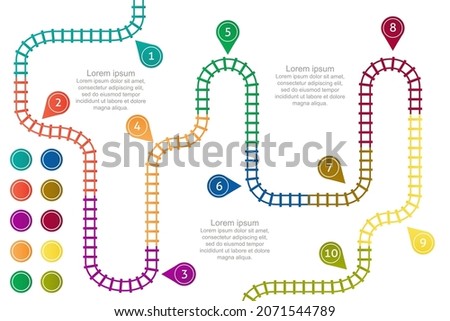 Railroad tracks, stations map. Railway route, tracking subway stations map top view, colorful stairs railways. Infographic elements, simple illustration.