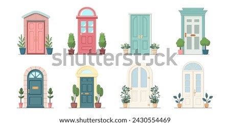 Front door with two pots with plants. Cartoon house illustration