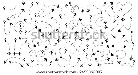 Set airplane routes in dotted line. Aircraft tracking, planes, travel, map pins, location pins.