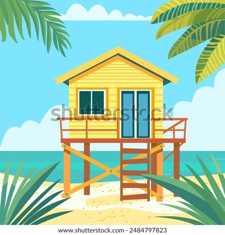 Cartoon beach house. Shack house on beachfront, bungalow country building cottage in caribbean. A hut by the ocean, summer. Thailand acation. Hawaii resort.