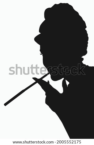 Audrey Hepburn silhouette classic profile with cigarette. Black vector on white background. 