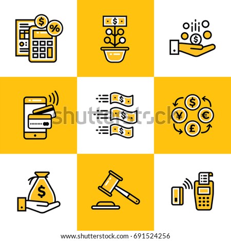 Vector collection of outline icons, finance, banking. Premium quality modern icons suitable for info graphics, print media and interfaces