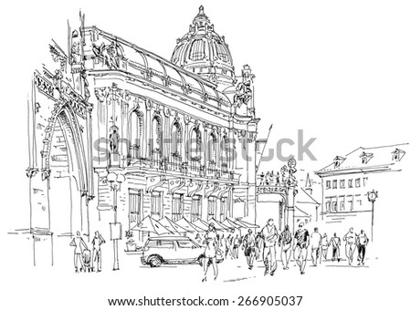 Black and white drawing Prague Municipal House. Modern style on sketchbook.