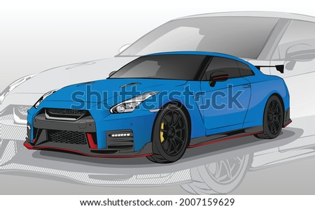 icon blue sport car vector template illustration can use logo t shirt, apparel, sticker group community Nissan GTR 35 , poster, flyer banner modify auto show, Tokyo drift fast furious movie