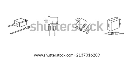 Mobile charger on white vector image. Usb cable simple black line icon vector image. Mobile charger vector line icon on white. vector illustration. phone charger. charger icon.usb cable. adapter. ストックフォト © 