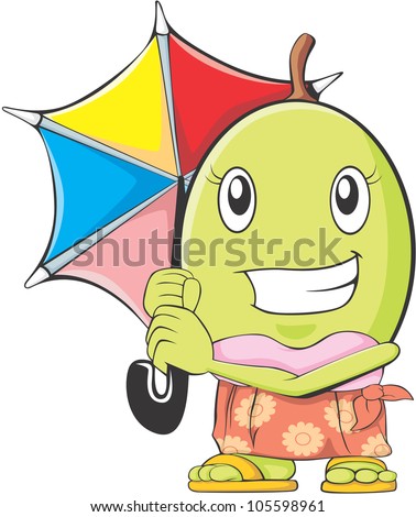 Creative Star Apple Fruit Illustration in beach wear with umbrella