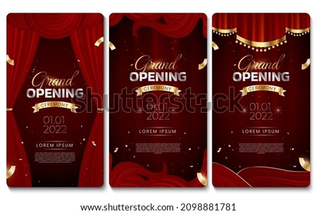 Grand opening elegant luxury banner social media stories template with red curtain, swirl silk, golden glitters and confetti.