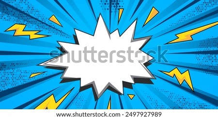 Comic blank text speech bubble pop art style blue background, halftone shadow thunder lightning stripes