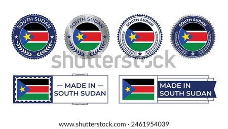 South Sudan Flag, South Sudan Flag Stamp, Made in South Sudan. South Sudan Verified, Country Flag Stamp, Verified, Certified, Made in, Tag, Seal, Stamp, Silver, Flag, Icon vector.