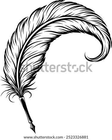 Detailed quill pen with a feather. Tattoo, intricate design and decor element. Highly detailed and accurate lines for print or engraving