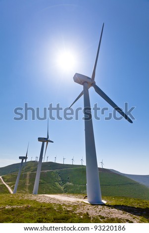 Wind turbines with more behind, vertical shot, copy space